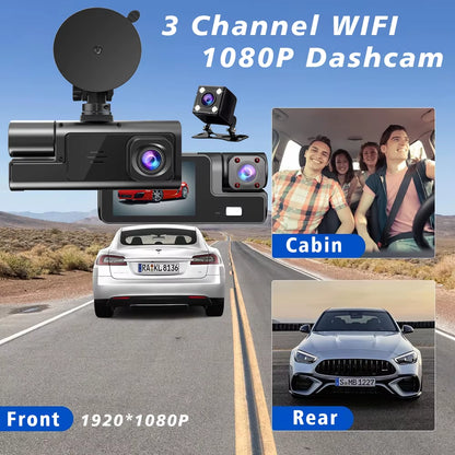 Triple Camera Car DVR with WiFi, 1920P Video Recording, In-Vehicle Dash Cam, Mini Camcorder
