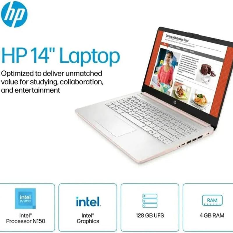 HP 14" Laptop Student Business Computer - 2025 New Version, Intel N150 Processor, Windows 11 Pro, Copilot AI, 12Hr Battery, up to 16GB RAM 384GB Storage (128GB UFS+256GB MSD) ,Rose Gold,W/Accessories