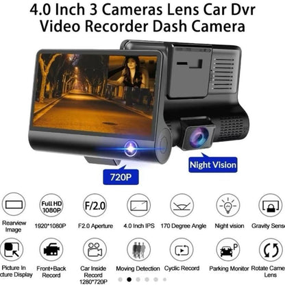 Three Lens Dash Camera Full HD with 32 GB SD Card - Front inside & behind Recording System