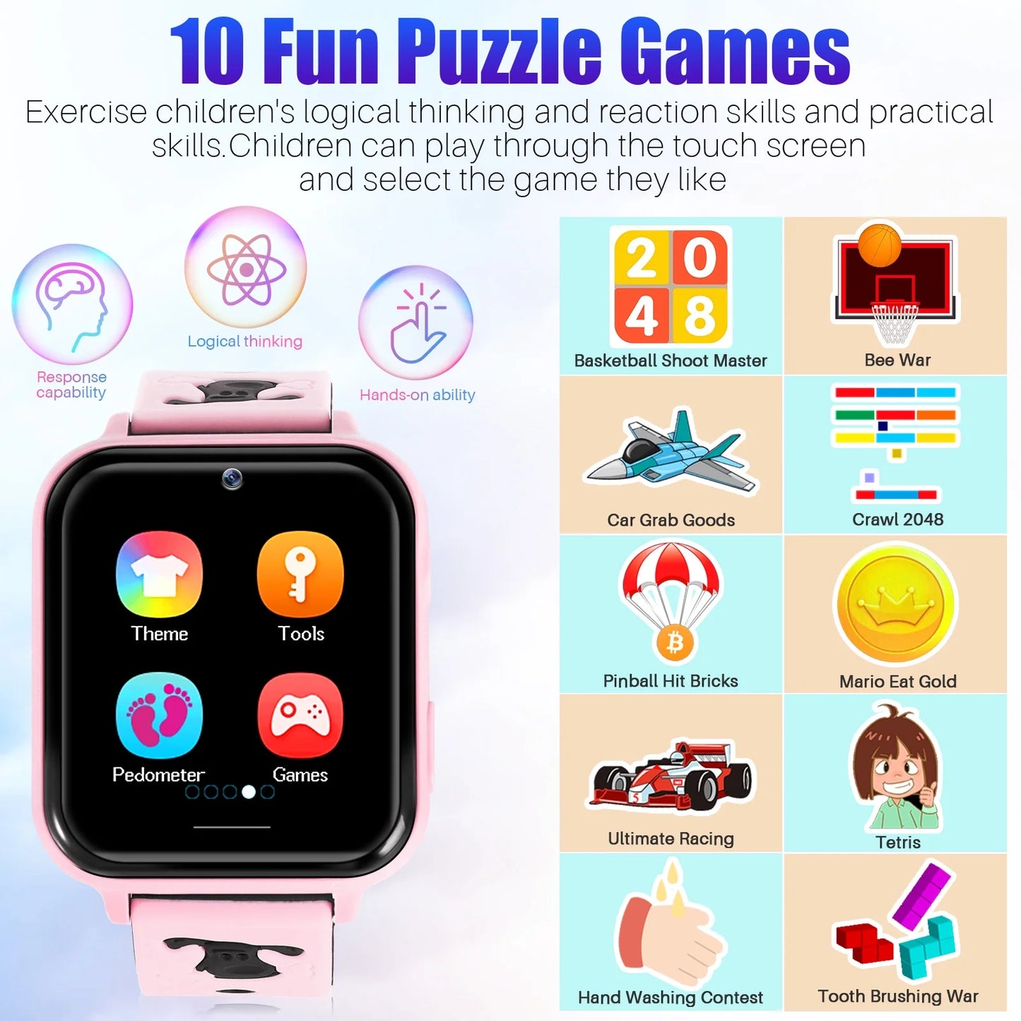 Kids Smart Watch Phone, HD Touch Screen Smartwatch with Music MP3 Player, Video Recorder, Camera, Games, SOS, (Build-In 1GB SD Card) Sport Wrist Watch for Age 3-14 Boys Girls Gifts (Pink)