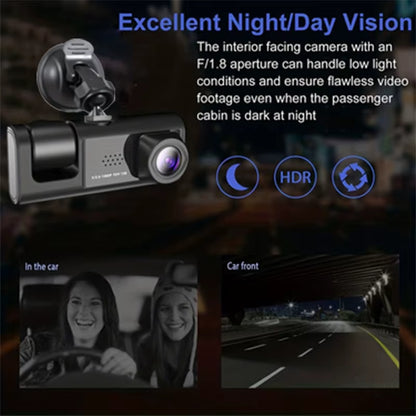 Dash Cam with Infrared Night Vision, Loop Recording, 2" IPS Screen, 1080P Triple Camera DVR Video Recorder