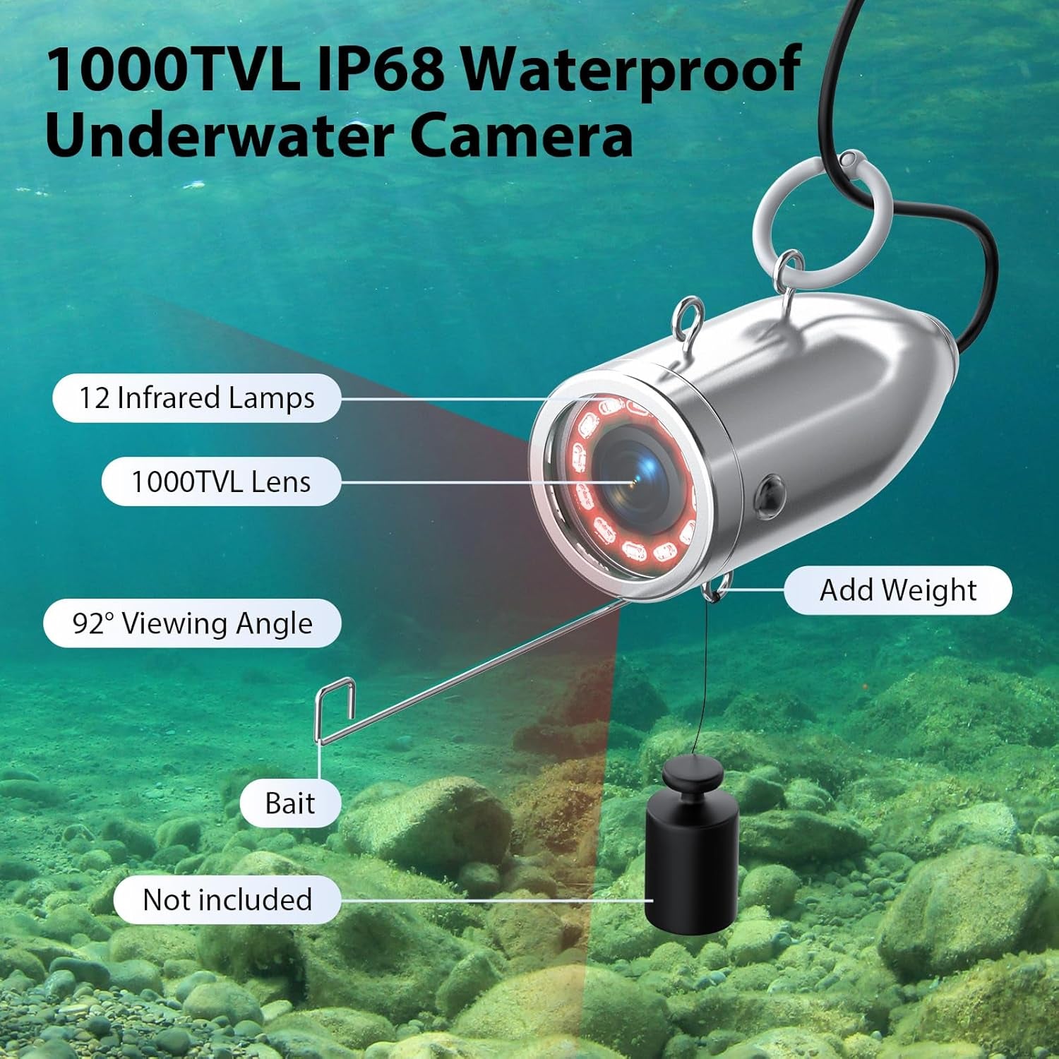 Underwater Fishing Camera Portable Video Fish Finder 9 Inch LCD Monitor 1000TVL Waterproof Camera Underwater DVR Video Fish Cam 50M Cable 12Pcs IR Infrared Lights for Ice, Lake and Boat Fishing