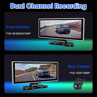 4K Dual Lens Dash Cam with Wireless CarPlay & Android Auto, GPS Navigation, and WiFi Connectivity - 10/11.26 Inch Car DVR