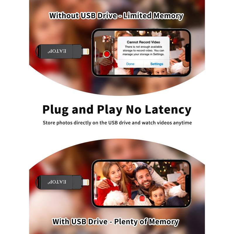 EATOP USB Flash Drive Intended for Iphone Ipad, Memory Stick Storage for Photos and Videos Backup, Compatible with Iphone Ipad Android PC, Plug and Play, No Application Required