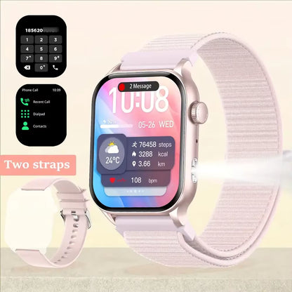 AMOLED Smart Watch with Bluetooth Calling, LED Flashlight, 100+ Sports Modes, Customizable Dial, and Camera Control for Men and Women