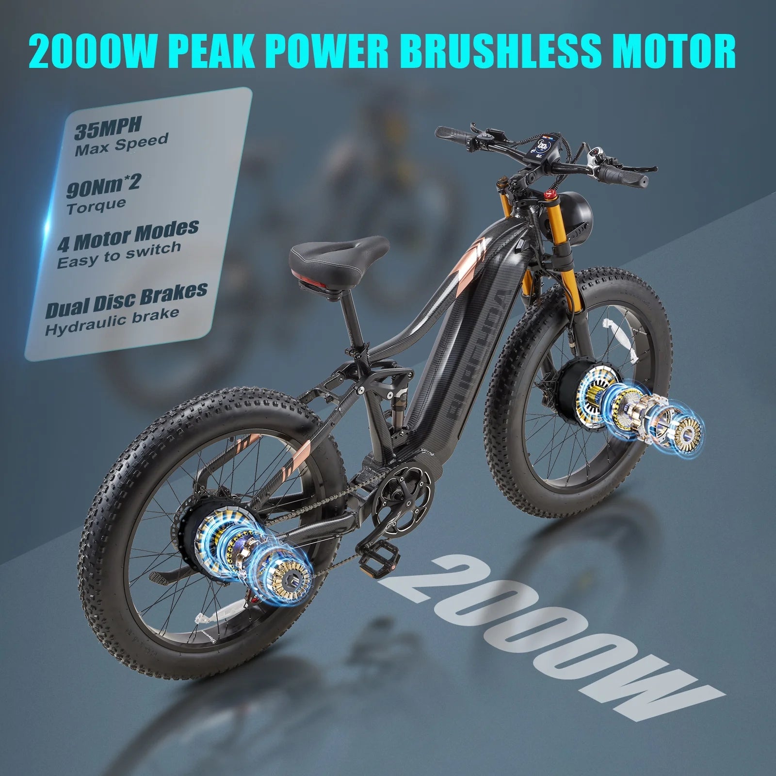 Dual Motors AWD 2000W Electric Bike for Adult 26'' UL2849 48V 30AH Removable Battery E-Mountain Bike 4.0 Fat Tire up to 35Mph&120Miles Long Range Off-Road Ebike Dual Hydraulic&Brakes Electric Bicycle