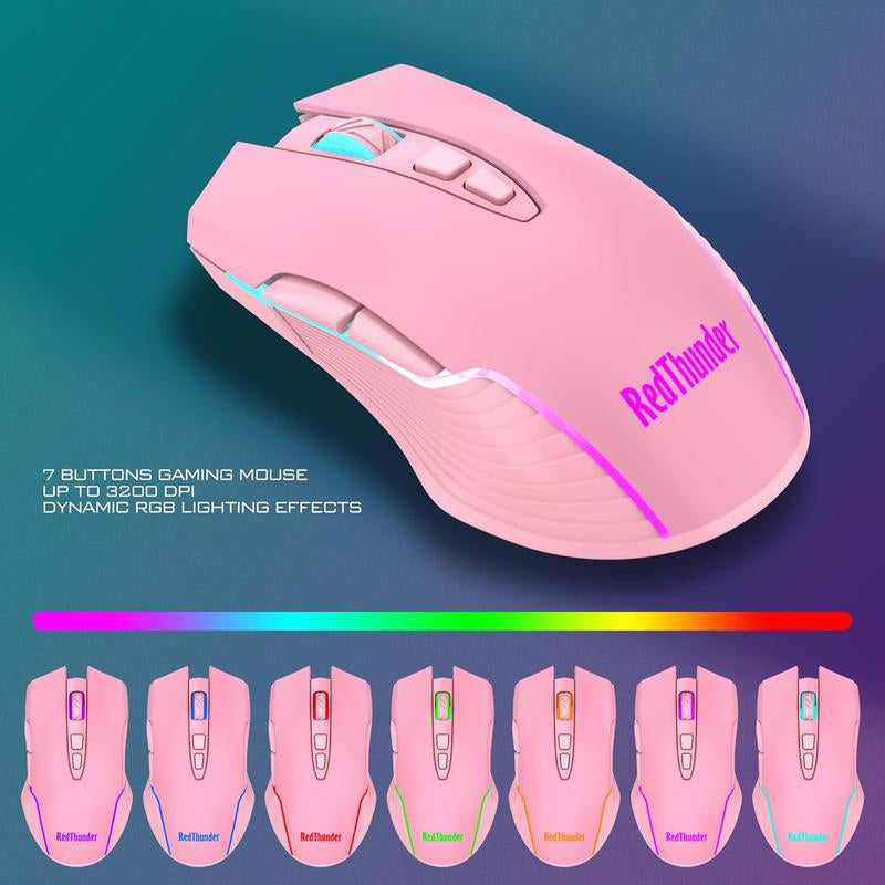 Redthunder K10 Wireless Gaming Keyboard and Mouse Combo, LED Backlit Rechargeable 3800Mah Battery, Mechanical Feel Anti-Ghosting Keyboard + 7D 3200DPI Mice for PC Gamer (Pink)