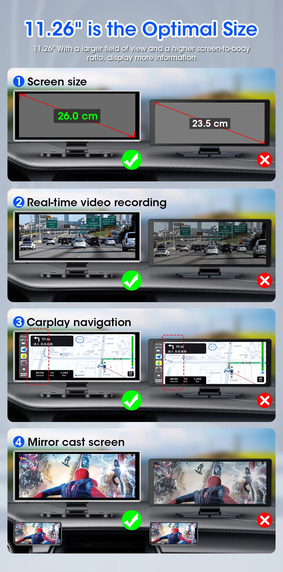 4K Dual Lens Dash Cam with Wireless CarPlay & Android Auto, GPS Navigation, and WiFi Connectivity - 10/11.26 Inch Car DVR