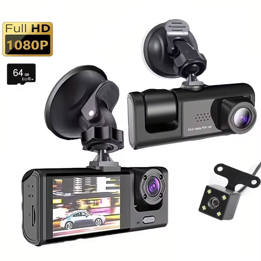 Dash Cam with Infrared Night Vision, Loop Recording, 2" IPS Screen, 1080P Triple Camera DVR Video Recorder