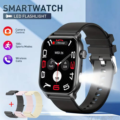 AMOLED Smart Watch with Bluetooth Calling, LED Flashlight, 100+ Sports Modes, Customizable Dial, and Camera Control for Men and Women