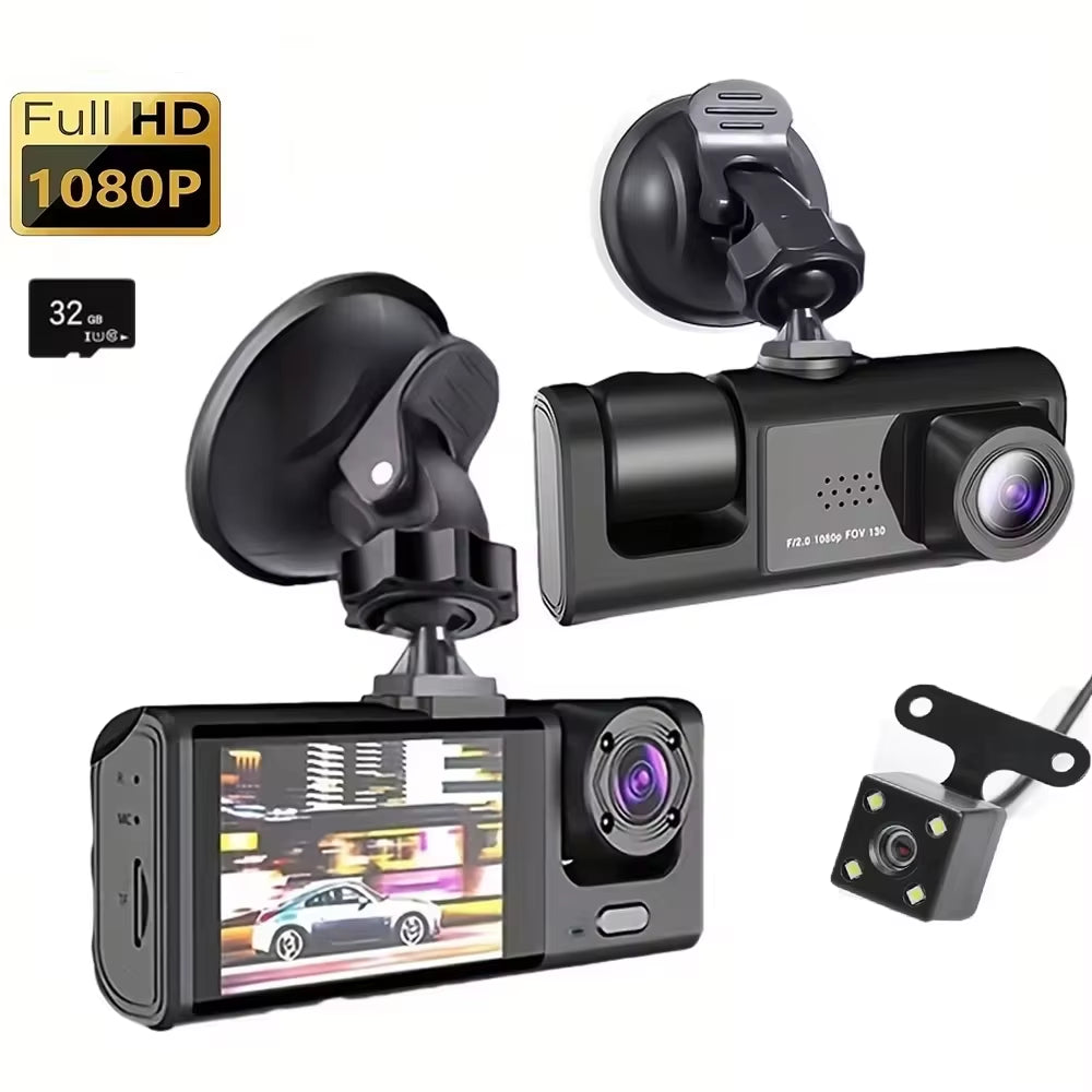 Dash Cam with Infrared Night Vision, Loop Recording, 2" IPS Screen, 1080P Triple Camera DVR Video Recorder