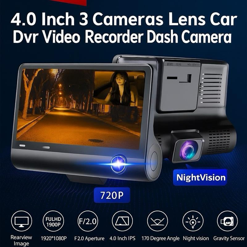 Three Lens Dash Camera Full HD with 32 GB SD Card - Front inside & behind Recording System