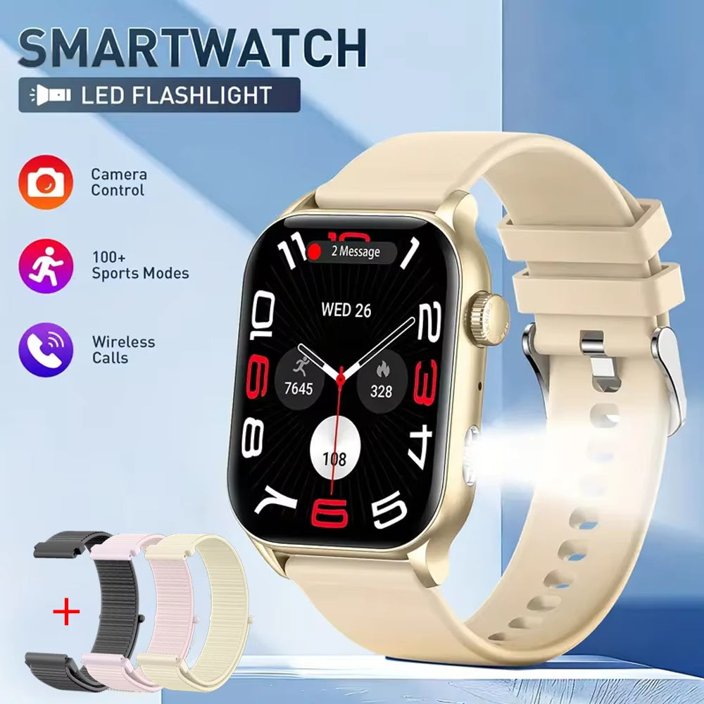 AMOLED Smart Watch with Bluetooth Calling, LED Flashlight, 100+ Sports Modes, Customizable Dial, and Camera Control for Men and Women