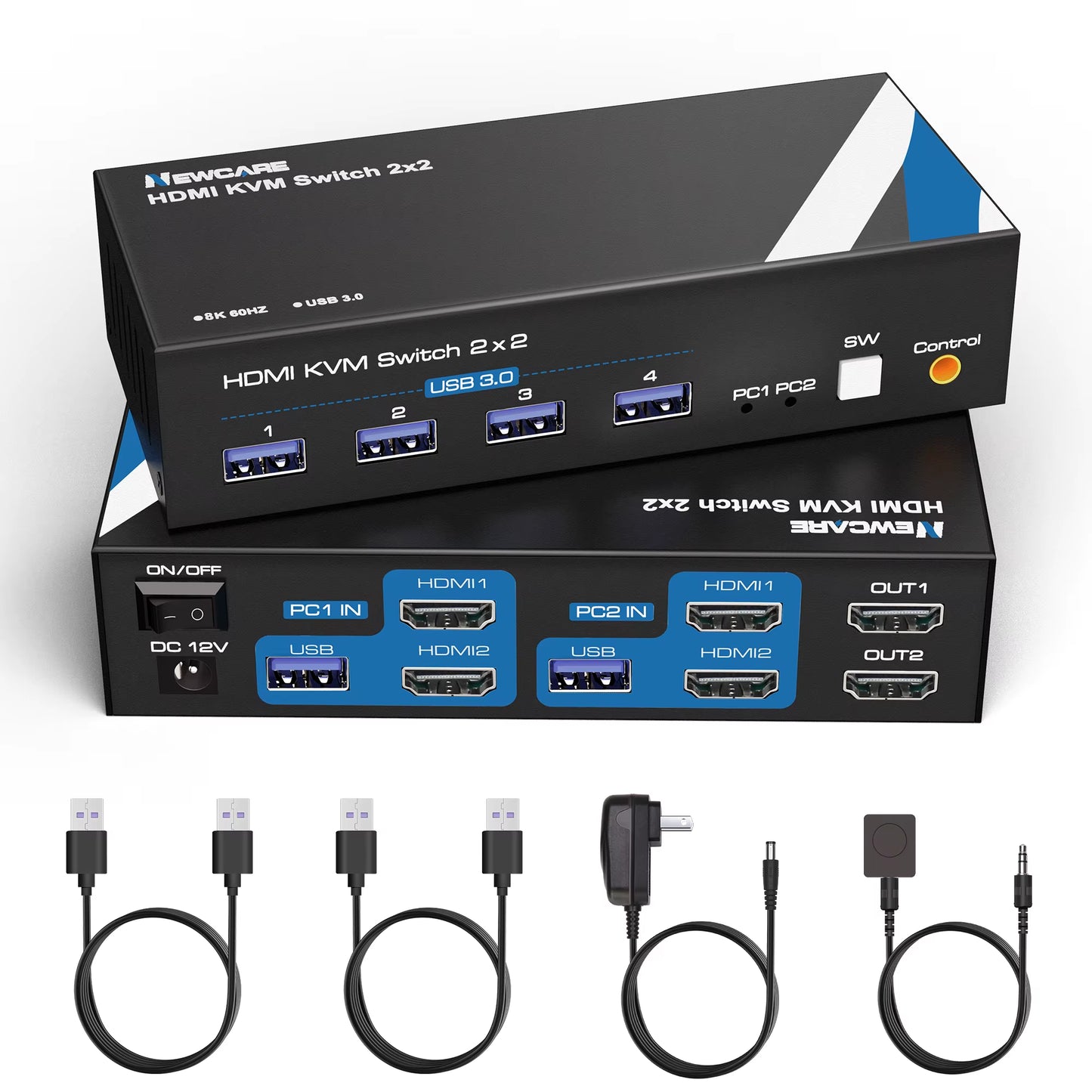 8K KVM Switch for Dual Monitors and Two Computers, NEWCARE 4K 120Hz KVM Switch with HDMI 2.1 and 4 USB 3.0 Ports