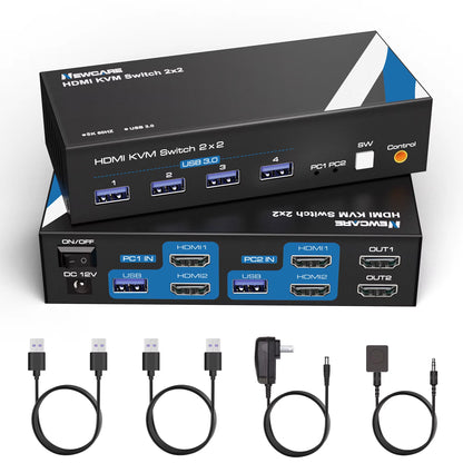8K KVM Switch for Dual Monitors and Two Computers, NEWCARE 4K 120Hz KVM Switch with HDMI 2.1 and 4 USB 3.0 Ports