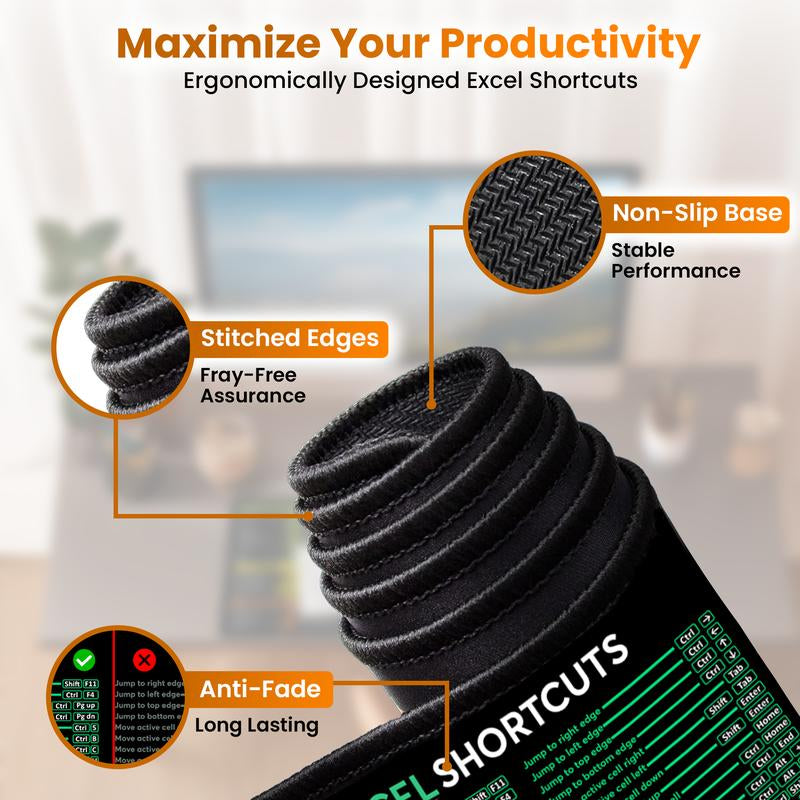 Word/Ppt/Excel Shortcuts Mouse Pad - Extended XL Office Keyboard Mat, Stitched Edges | Non-Slip Base Excel Cheat Sheet Desk Pad (31.5X11.8) Inch