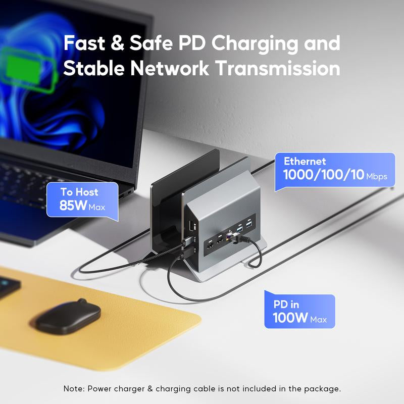 PULWTOP Laptop Docking Station Dual Monitor, 11 in 1 Vertical USB C Dock Stand with 2 HDMI 4K 60Hz, 3 USB A/C 10Gbps, 2 USBA 5Gbps, USB-A 2.0, Ethernet, PD 3.0 Docking Station for Type-C Laptops