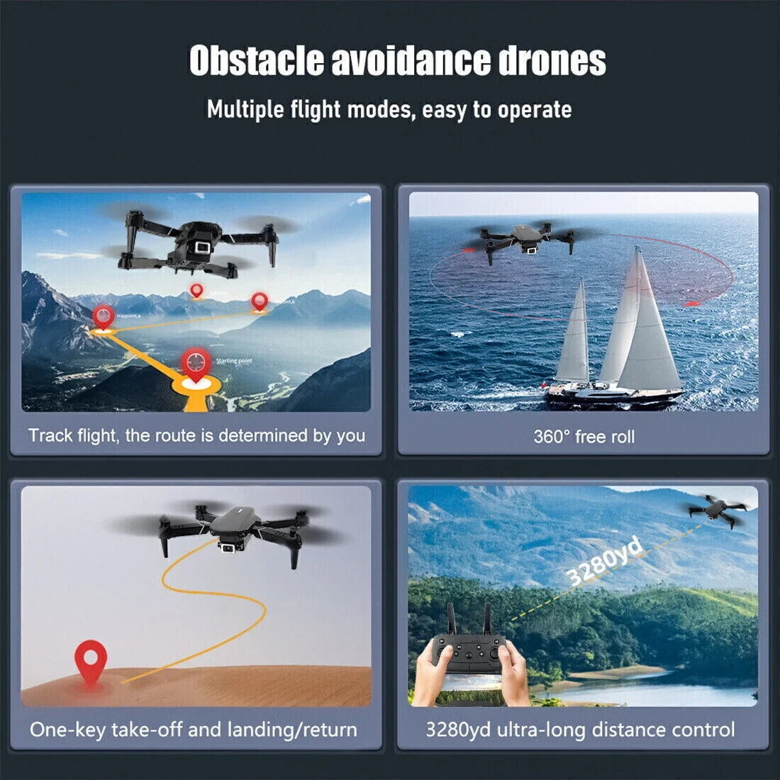 4K HD Dual Camera Foldable RC Drone with WiFi FPV and Four Batteries - Black