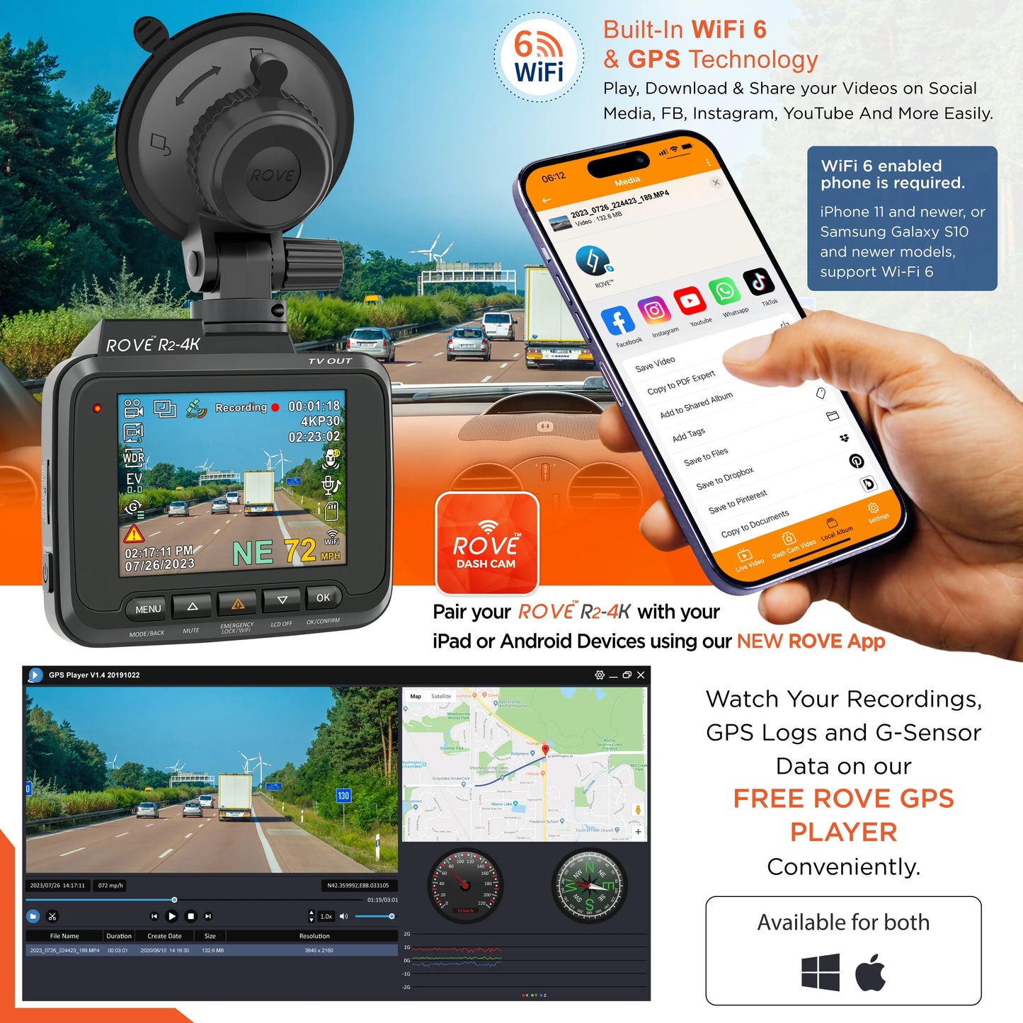 R2-4K Dash Cam Built-In Wifi 6 GPS Car Dashboard Camera Recorder with UHD 2160P, 2.4" IPS Screen, 150° Wide Angle, WDR, Night Vision