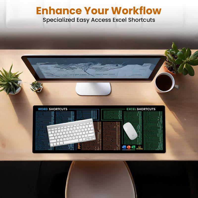 Word/Ppt/Excel Shortcuts Mouse Pad - Extended XL Office Keyboard Mat, Stitched Edges | Non-Slip Base Excel Cheat Sheet Desk Pad (31.5X11.8) Inch