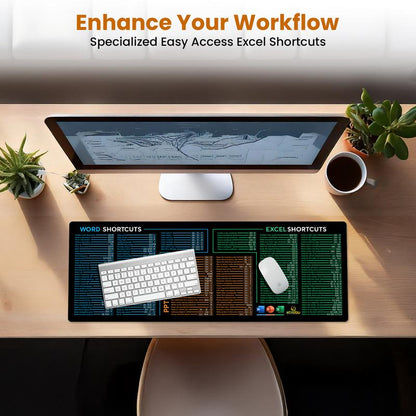Word/Ppt/Excel Shortcuts Mouse Pad - Extended XL Office Keyboard Mat, Stitched Edges | Non-Slip Base Excel Cheat Sheet Desk Pad (31.5X11.8) Inch