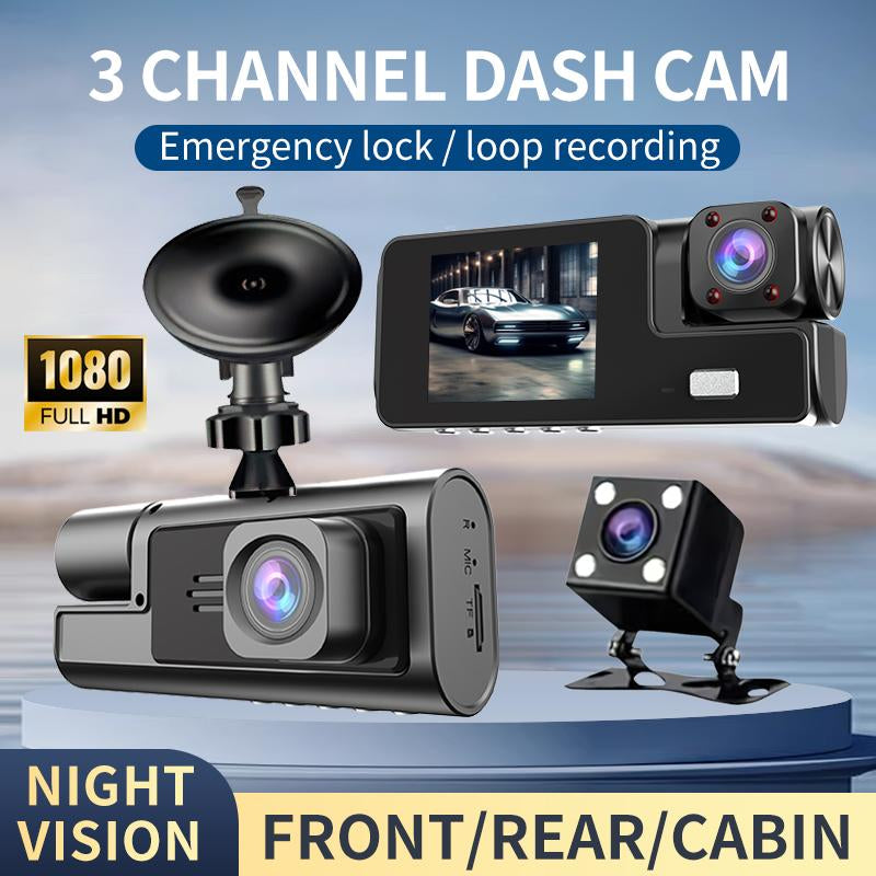 Three-Channel Car Camera, 2 Inch IPS Screen, Wide Angle Car Dash Cam with Infrared Night Vision, Car Dvr Camera, Camera Security, Car Dash Cam, Car Dash Cam with 32Gb Memory Card, Car Wide Angle Video Surveillance, Car Electronics