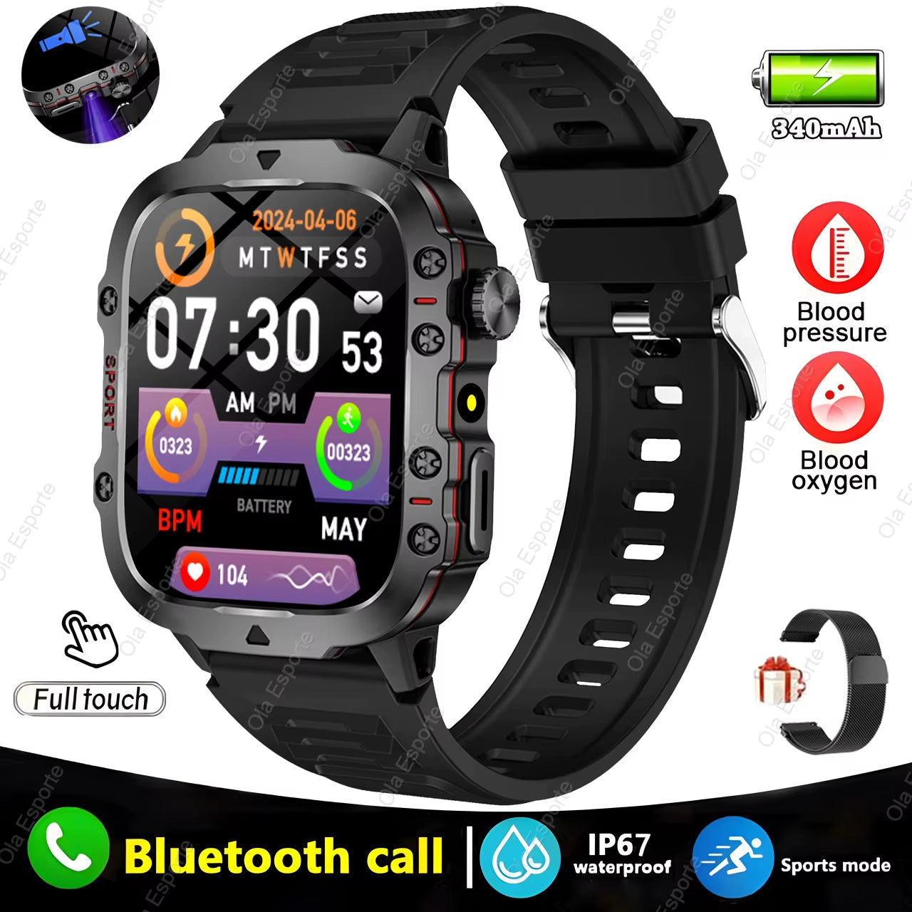 Men's Smartwatch with Flashlight, Bluetooth Calling, Fitness Tracking, and IP68 Waterproof Rating - Compatible with Android and iOS - 2025 Model