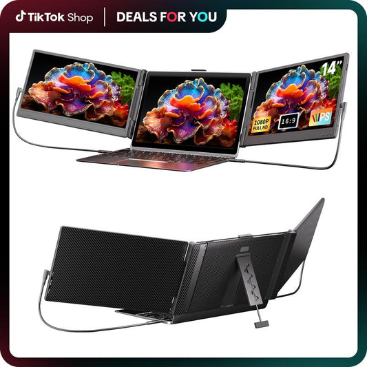 AOKER 14" Triple Laptop Screen Extender, 1080P 72%NTSC FHD IPS Portable Monitor Travel Display Compatible with Mac Windows Chrome Plug & Play