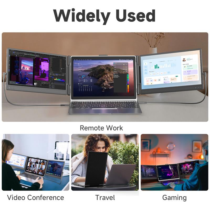 AOKER 14" Triple Laptop Screen Extender, 1080P 72%NTSC FHD IPS Portable Monitor Travel Display Compatible with Mac Windows Chrome Plug & Play