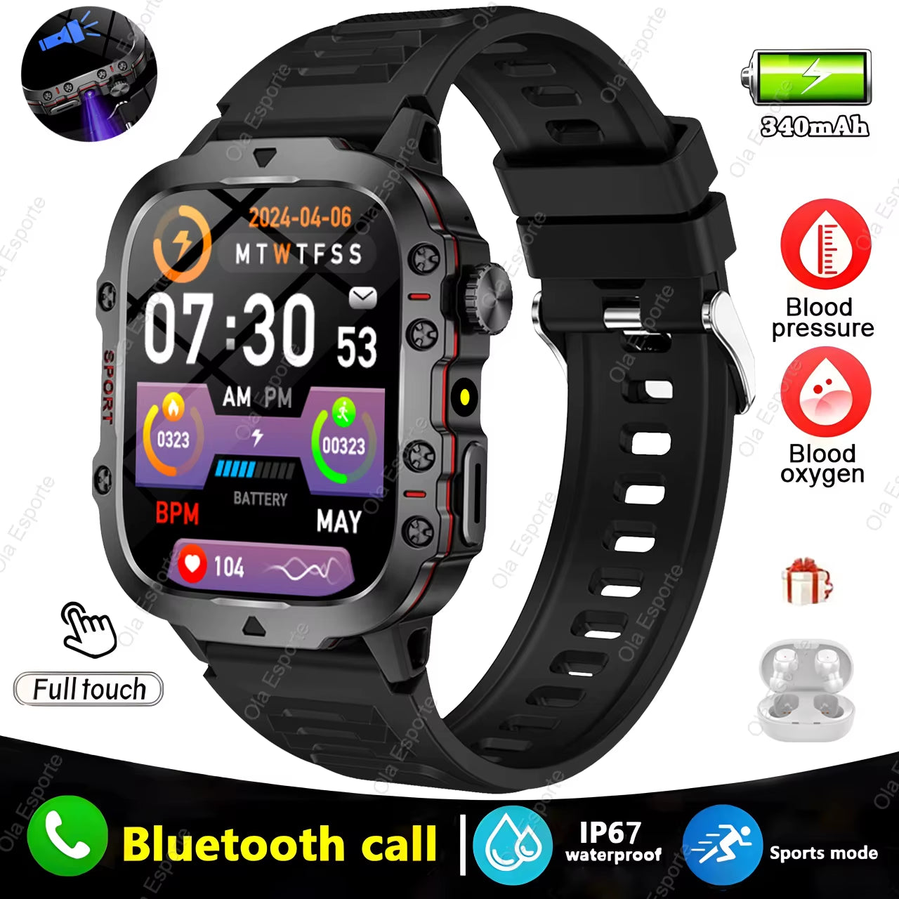 Men's Smartwatch with Flashlight, Bluetooth Calling, Fitness Tracking, and IP68 Waterproof Rating - Compatible with Android and iOS - 2025 Model