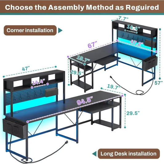 L Shaped Gaming Desk Reversible Computer Desk with Power Outlet and Pegboard Gaming Desk with Led Lights Keyboard Tray and Stora