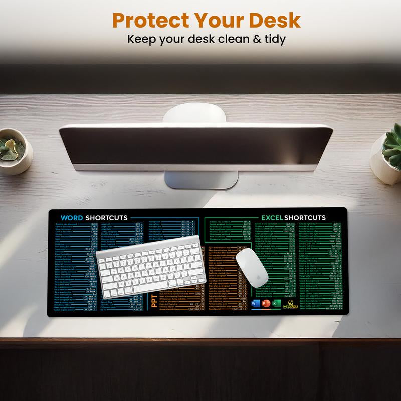 Word/Ppt/Excel Shortcuts Mouse Pad - Extended XL Office Keyboard Mat, Stitched Edges | Non-Slip Base Excel Cheat Sheet Desk Pad (31.5X11.8) Inch