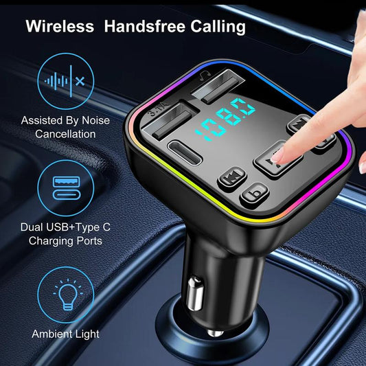 Bluetooth 5.3FM Transmitter Car Adapter, Wireless Radio MP3 Player Stereo Music Audio Receiver Hands-Free Calling, USB-C Car Charger, Supports TF Card and USB Disk (Black)