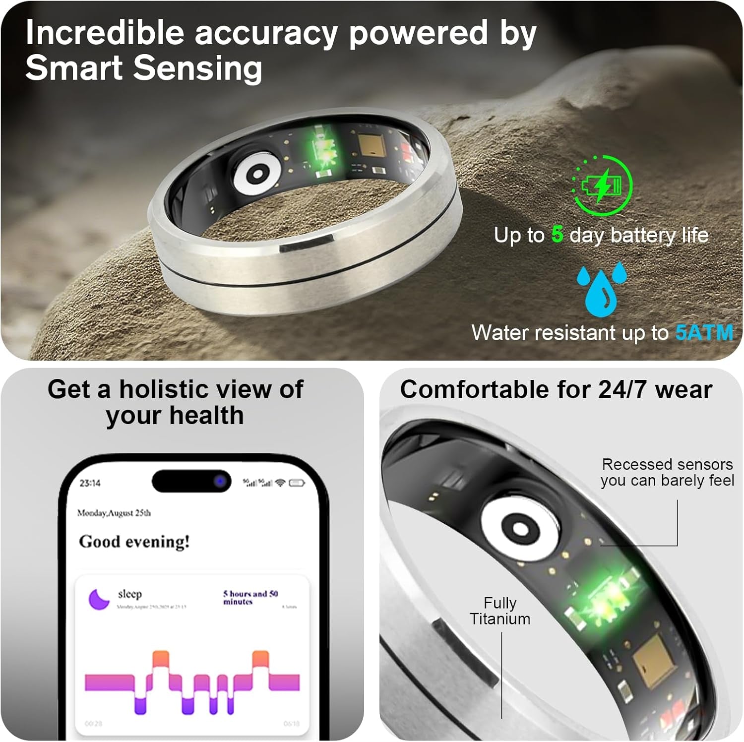 Smart Health Ring X1 Kit - Advanced Sleep Tracking and Fitness Monitoring - Heart Rate Monitor - Up to 5 Days Battery Life - IP68 Waterproof - No Subscription Required for iOS and Android - Steel Color