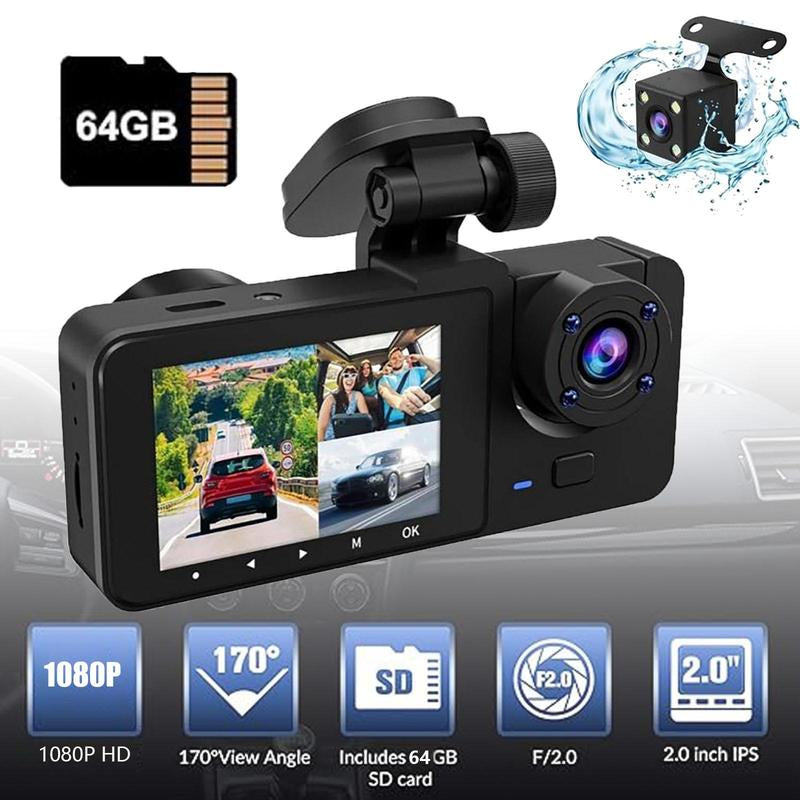 Dash Camera for Cars 1080P, 64GB Card, Dash Cam Front and Rear with Built-In Night Vision, 2.0'' IPS Screen, 170°Wide Angle, WDR, Parking Mode, Loop Recording